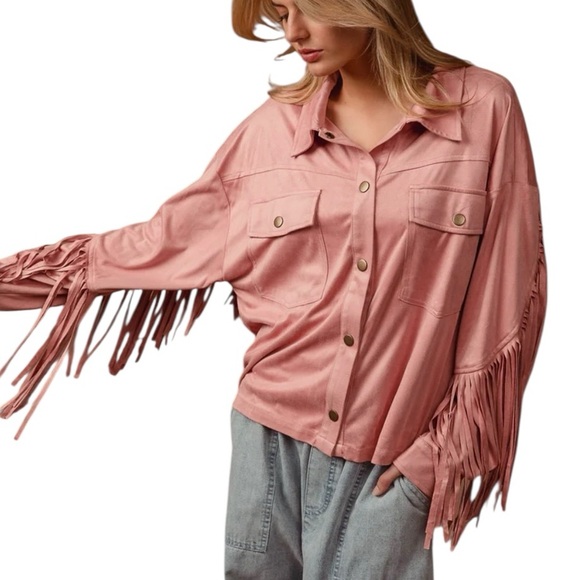 BiBi Faux Sheer Suede Tassel Fringe Western Jacket in color “Blush”